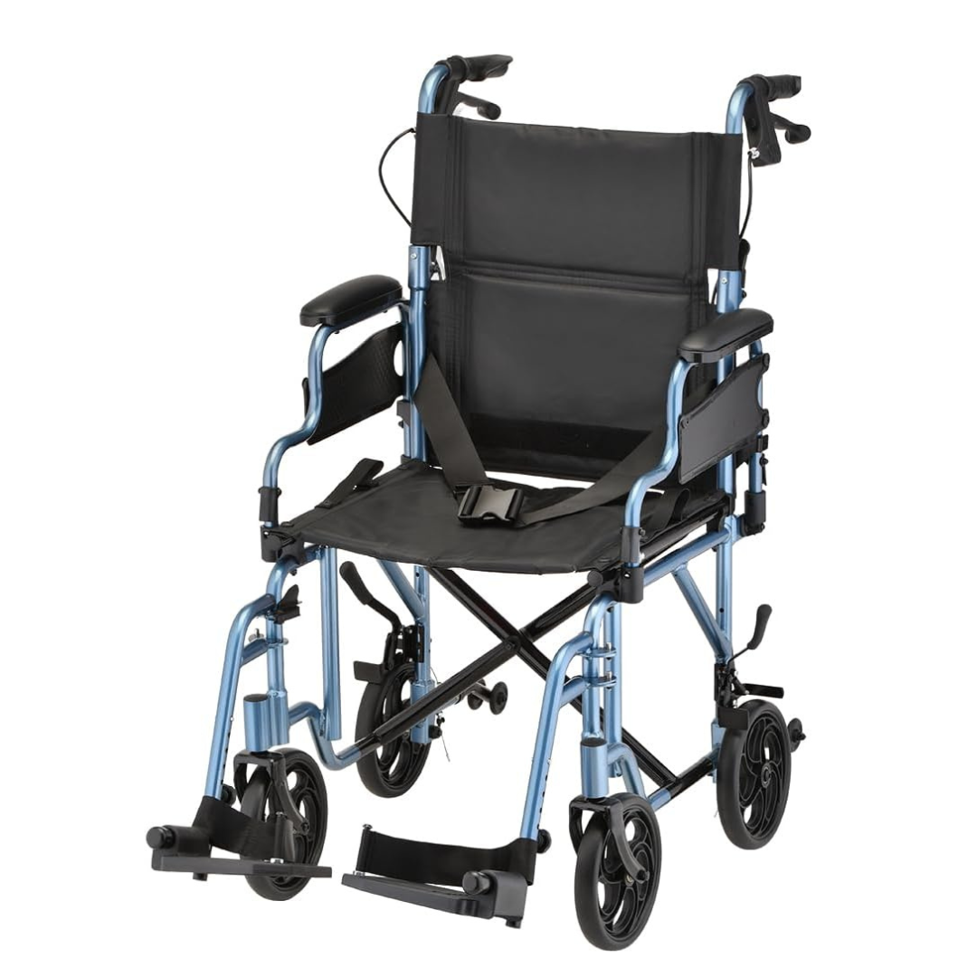 The Nova Medical 350 Lightweight Aluminum Folding Transport Chair features a blue frame, black seat and backrest, armrests, footrests, safety belt, four small wheels, hand brakes for control, and flip-up desk arms—perfect for mobility assistance.
